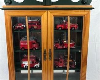 Mirrored Display Cabinet with Matchbox Models of Yesteryears Firetruck Fire Department Vehicles