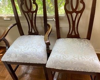 Mahogany Arm Side Chair, Damask Silver Fabric