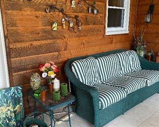 Green Wicker Sofa, Green/Tempered Glass Occasional Table, Outdoorsey Decor