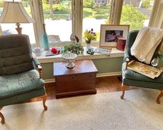 Vintage Queen Anne Frame Arm Chairs, vintage knotty pine trunk