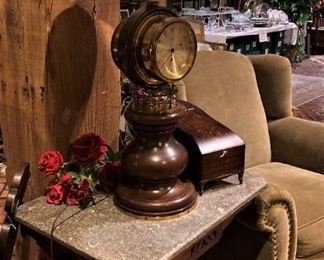 Marble top table; clock lamp