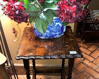 Small barley twist side table; blue & white planter