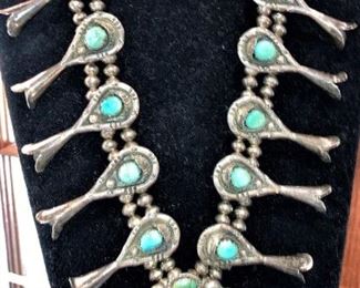 Native American squash blossom in silver and turquoise