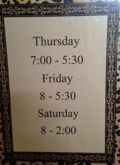 The sale at 625 Wilder Way, Tyler, Texas,  will open at 7:00 AM on Thursday. As we have for 17 years, we close at 2:00 on Saturday. We look forward to seeing you ! (Pack a lunch. . . this is a big one!!)