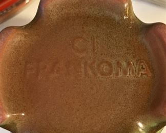 Frankoma was founded in 1933 in Norman, Oklahoma, by John Frank, who was a professor of ceramics at the Univ, of Oklahoma from 1927 to 1936. The name Frankoma was derived from "Frank" plus the last three letters of "Oklahoma".
