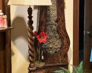 Another incredible grandfather clock; barley twist floor lamp/table