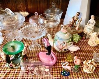 Misc glassware, pattern glass, flamingo 🦩 figurines 