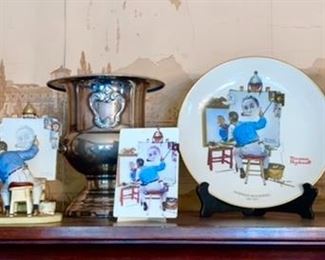 2 anniversary clocks, Norman Rockwell figurines, Silverplate bottle holder/ice bucket 