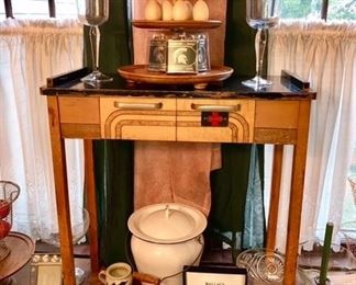 Art Deco wooden Sterilizer table, enamel chamber pot, candlesticks, wooden 3 tier stand is SOLD