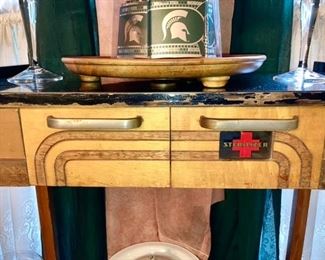Art Deco "Sterilizer" wooden cabinet, wooden 3 tier stand, Michigan State flasks