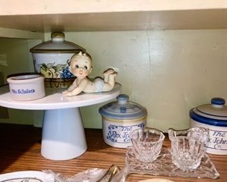 Footed cake stand, stoneware "Rex Johnson" butter crocks are SOLD, piano baby, glass creamer & sugar set on tray