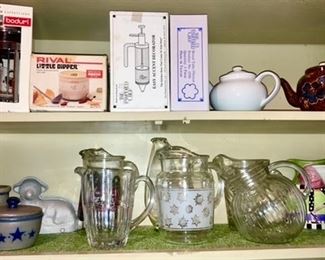 Misc. appliances in boxes, vintage pitchers, reproduction stoneware, teapots, etc, 