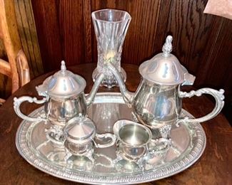 Silver plate coffee/tea service set, crystal vase