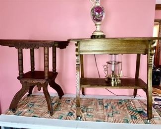 Antique parlor tables (one on left is SOLD), hand painted lamps are SOLD, reproduction of a Paul Revere lamp from Greenfield Village