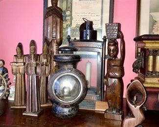 Vintage carved figures, antique lights