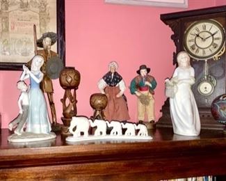 Misc. figurines, elephant figure, metal vase, antique mantle clock