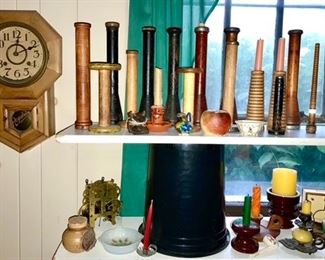 Antique spools, Regulator wall clock, misc. candle sticks, primitives & antiques