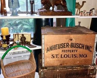 Carved buffalo figure, Anheuser-Busch wooden crate, cast iron baseball player bank