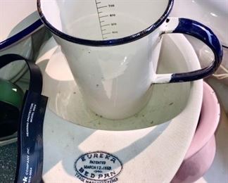 Enamel measure is SOLD, Advertising bed pan (Eureka Bed Pan), dated 1889