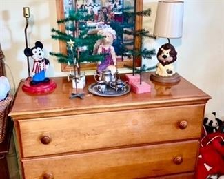 Vintage 3 drawer chest w/ mirror, Mickey Mouse ceramic lamp, lion lamp, misc. collectibles