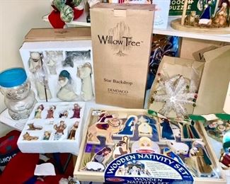 Willow Tree, Melissa & Doug Nativity sets, vintage Christmas tree, glass Skippy peanut butter jar