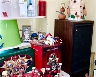 Large collection of Christmas decor, vintage speakers