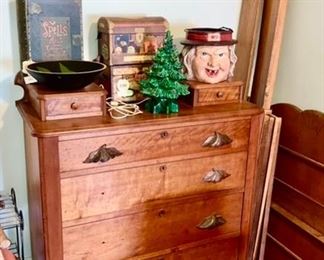 Antique chest of drawers w/ hankie boxes, two missing drawer pulls are in the drawer, ceramic Christmas tree is SOLD, Halloween decor