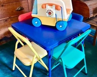 Child's folding table & 4 chair set, vintage Playskool pull toy w/ side phone