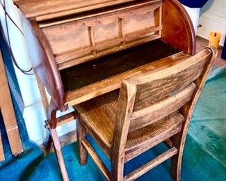 Antique child's roll top desk w/ chair (open view)