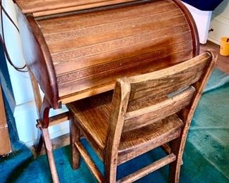 Antique child's roll top desk w/ chair (closed view)