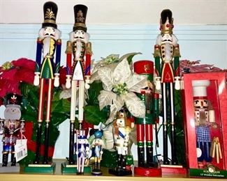 Christmas decor, nut crackers, silk poinsettas