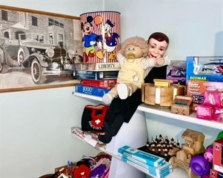 Vintage & modern toys, Cabbage Patch doll, ventriloquist doll, vintage metal trash cans, etc.