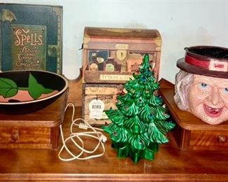 Halloween boxes, witch basket, vintage ceramic Christmas tree (smaller size)