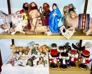 Top Row: Fantastic Annalee Dolls Nativity Set is SOLD, complete w/ 3 Wise Men, Mary, Joseph, Baby Jesus, donkey, mouse angel, lamp, camel, all with tags, circa 1999.   Bottom row: Home Interiors Nativity set, modern Nutcrackers, brass angels