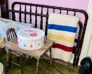 Vintage Jenny Lind bed, wool Hudson Mills blanket is SOLD, child’s table and two chairs