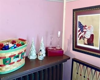 Christmas decor, Wallace crystal candle sticks, signed and numbered Santa with flag lithograph