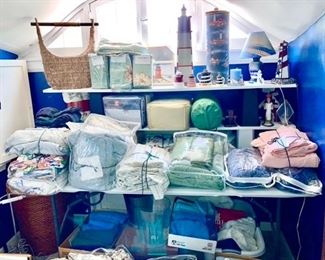 Sheet sets, misc. bedding, light house decor 
