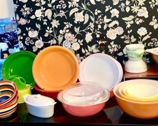 Vintage Pyrex including 2 nests of 4 bowls, covered casserole, modern Fiesta, etc.