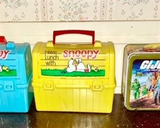 2 vintage plastic Snoopy lunch boxes and one metal GI Joe lunch box, no thermos is SOLD