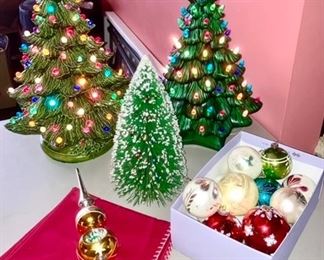 2 vintage ceramic Christmas trees, vintage bottle brush tree, vintage Christmas tree topper and ornaments 