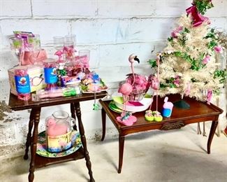Flamingo decor, antique parlor table, vintage coffee table w/ leather top