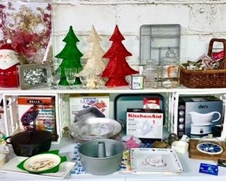 Christmas decor, kitchen baking items, cookie cutters