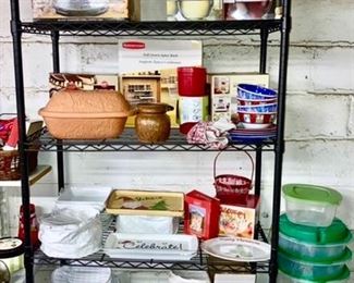 Kitchen items, many new in boxes, Christmas dishes/plates, Flamingo dishes