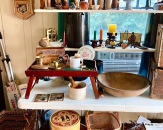 Antique wooden thread spools, Regulator wall clock, wooden bread bow is SOLDl, wooden tray, wooden cheese boxes, firkins, Verner's wooden box, plus additional wooden boxes, etc.
