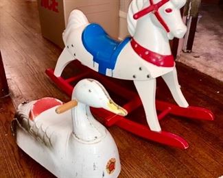 Vintage Gertie the Goose riding toy on wheels is SOLD, A Train-Rite product and a vintage rocking horse, wood legs/rocker and fiberglass body
