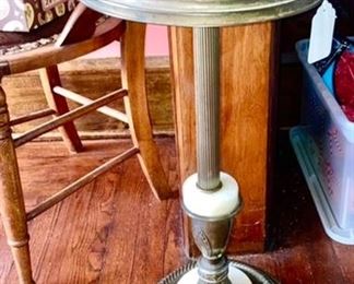 Antique smoking stand with metal and marble base, handle and an amber glass ashtray