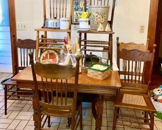Antique wooden table w/ 6 chairs and several leaves, vintage kitchen collectibles, some are SOLD