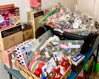 Many vintage & modern cookie cutters, Pampered Chef and other kitchen items new in boxes, some SOLD