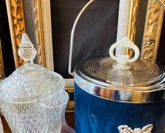 Vintage blue velvet ice bucket