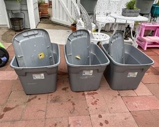 Three Sterilite 18-gal totes with lids (lids may have small cracks)